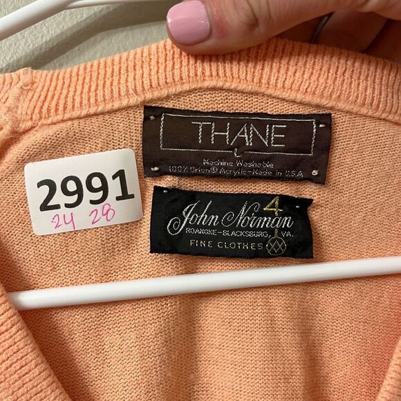 Vtg 80s Thane John Norman Mens Orange Pullover Sweater Large Classic Knit V Neck - Picture 3 of 8